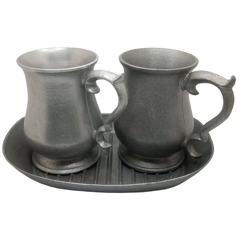 Vintage Pewter Tankards & Matching Tray Set
